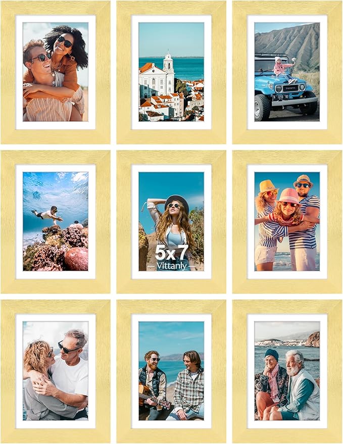 Vittanly 5x7 Picture Frames Set of 9, Shatter Resistant Plexiglass, Display 4x6 Pictures with Mat or 5x7 without Mat, Photo Frames for Wall or Tabletop, Engineered Wood, Gold