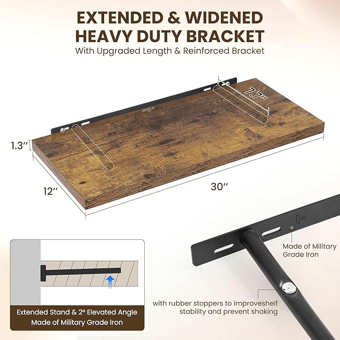 30" Floating Shelves for Wall, 12" Deep Slim Rustic Brown Floating Shelves, Wall-Mounted Shelves for Bedroom, Living Room, Kitchen, Bathroom - Set of 2