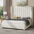 Jocisland King Size Bed Frame with 58" Tall Headboard, Platform Velvet Upholstered Bed with Channel Tufted Wingback Headboard and Plating Trim, No Box Spring Needed, Cream