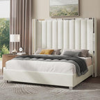Jocisland King Size Bed Frame with 58" Tall Headboard, Platform Velvet Upholstered Bed with Channel Tufted Wingback Headboard and Plating Trim, No Box Spring Needed, Cream