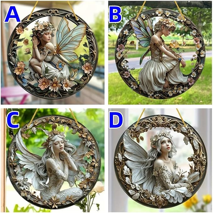 Flower Fairy Garden Decorations Angel Wing Christmas Halloween Deco Statue Art Elf Sculpture Hanging Craft for Outdoor Yard Courtyard Lawn Patio Window Acrylic Ornament Home Gift (D,S: 6*6 IN)