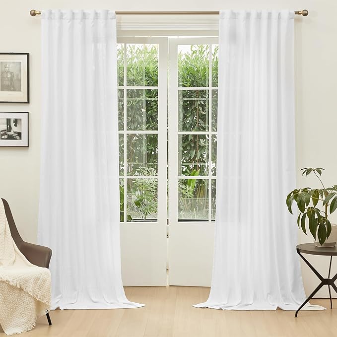 MYSKY HOME White Curtains 95 Inches Long Semi Sheer Drapes Light Filtering for Sliding Glass Door Window Treatments Soft Cotton Blend Panels Linen Look Farmhouse Style, 50" x 95", 2 Pieces