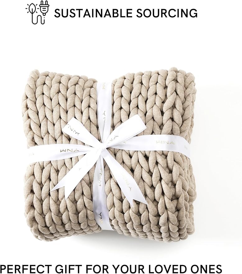 YnM Chunky Throw Blanket, Medium-Weight, Hand Knitted, Skin Friendly, Ventilated and Breathable, Machine Washable, Home Décor Piece for Couch, Sofa and Bed (Beige, 60x80 Inch)