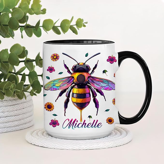 Hyturtle Personalized Colorful Bee Mug - Bee Keeper Gifts For Women Lovers Teacher - Honey Gifts For Beekeeper Farmer On Birthday - Queen Honeycomb Decor - Custom Coffee Cup Ceramic Mug 11 Oz 15 Oz