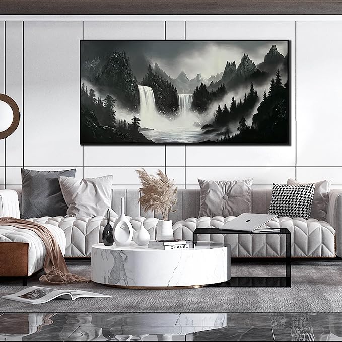 Hand Painted Mountains Painting for Living Room - Waterfall Canvas Wall Art for Office - Large Framed Wall Art Bedroom Size 29" x 59"