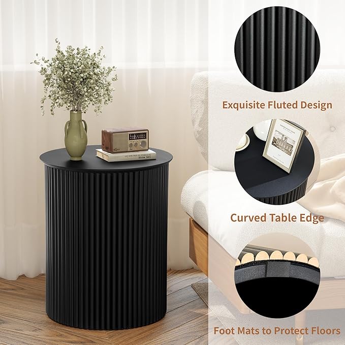 AVZEAR Fluted Round Side Table Small Mid Century End Table, 17.7" Fluted Nightstands Modern Circle Bedside Tables, Black Wood Night Stand for Small Spaces, Living Room, Bedroom (Black)