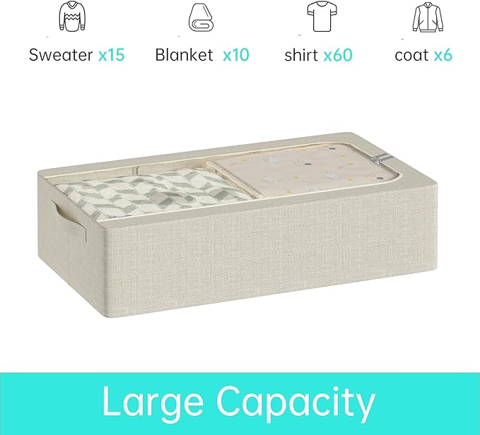 3PCS Under Bed Storage Bins with Metal Frame, Linen Fabric Frame Storage Box Clothes Organizer Bins, Underbed Container with Clear Window (Beige, 23.6 x 13 x 6IN)