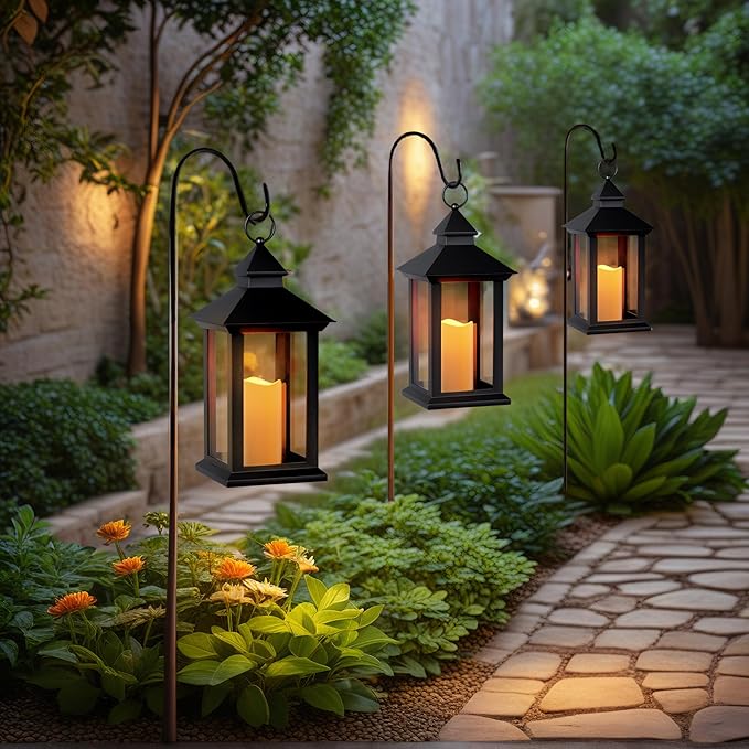 Lanterns Decorative Indoor, 2 Pack Black Outdoor Lantern with Timer, 14" Lantern Waterproof with Battery Operated Candle, Outdoor Hanging Lanterns for Porch, Patio, Wedding Decor