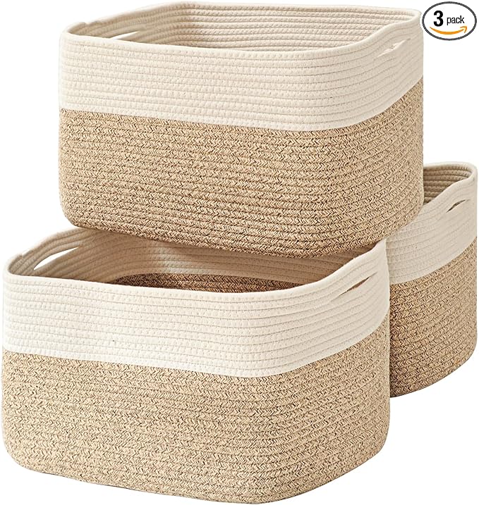 Large Storage Baskets for Organizing Shelves, Woven Cotton Rope Bins for Baby Nursery Organization, Book Toy Towel Organizer, 17"x13"x9.5", 3 Packs, Off White & Brown