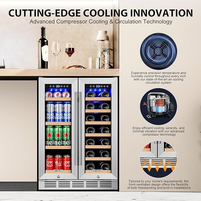 24 Inch Dual Zone Wine and Beverage Refrigerator, Built-in or Freestanding Cooler with French Doors, Drink Fridge with Upgraded Compressor for Beer, Wine, and Soda