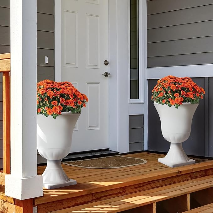 Worth Garden 2-Pack Plastic Urn Planters - 22'' Tall Round Classic Resin Flower Pots Pure White Traditional Large Plant Pots for Front Porch Patio Deck Wedding Decoration Pot - Indoor & Outdoor