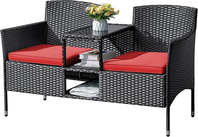 Flamaker Outdoor Furniture Patio Loveseat Wicker 2-Seat with Built-in Table and Cushions Rattan Porch Chairs Bench for Balcony, Lawn, Backyard (Red)