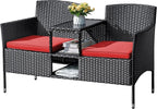 Flamaker Outdoor Furniture Patio Loveseat Wicker 2-Seat with Built-in Table and Cushions Rattan Porch Chairs Bench for Balcony, Lawn, Backyard (Red)