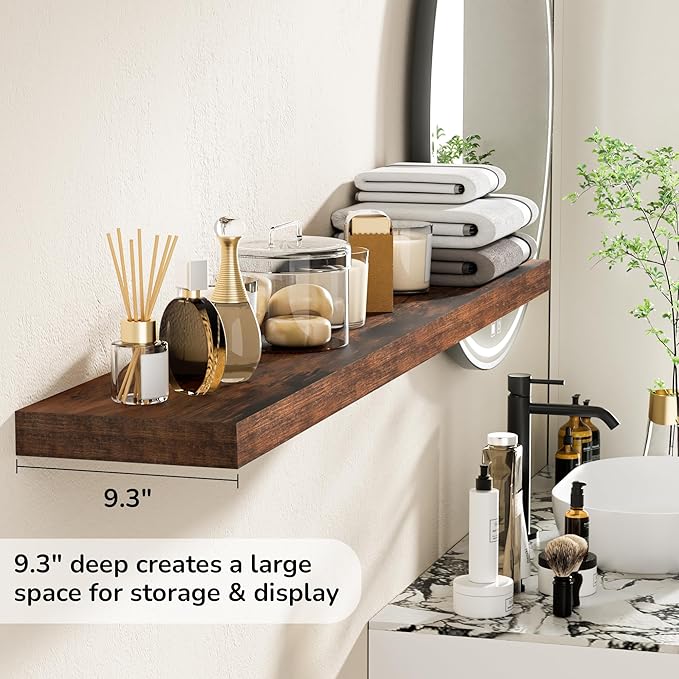Fun Memories 55 Inch Floating Shelves - 9 Inch Deep Rustic Wooden Wall Shelves - Extra Deeper & Thicker Wall Mounted Storage Shelf for Living Room, Kitchen, Farmhouse - 55" W x 9" D x 1.8" H - Brown