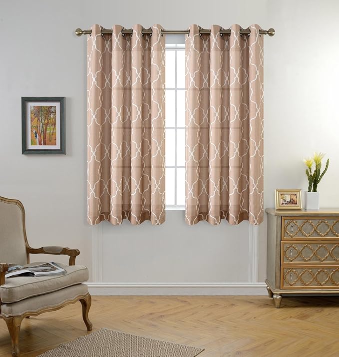 MIUCO Moroccan Embroidered Semi Sheer Curtains Faux Linen Wide Width Grommet Curtains for Bedroom 52 x 63 Inch 2 Panels, Taupe