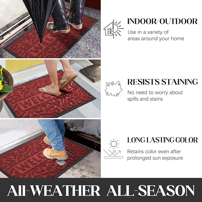 Yimobra Welcome Mat Outdoor Indoor, 29.5x17 Waterproof Door Mat Outside Entrance, All-Weather Non Slip Doormat, Low-Profile Front Door Mat, Porch and Patio Entryway Mat, Wine Red