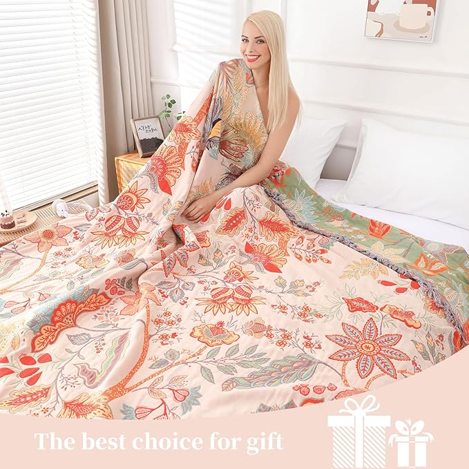 Boho Throw Blanket for Bed - 100% Pure Cotton Ultra Soft Rustic Quilt - Farmhouse Decor Bed Blankets, All Season Rustic Throw for Sofa Couch Chair(80''x 90'', Floral)