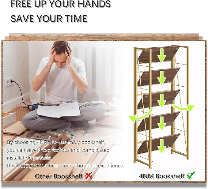 4NM No Assembly Foldable Bookshelf, 5-Shelf Collapsible Bookcase Storage for Small Spaces, 62.2" H, Brown and Golden