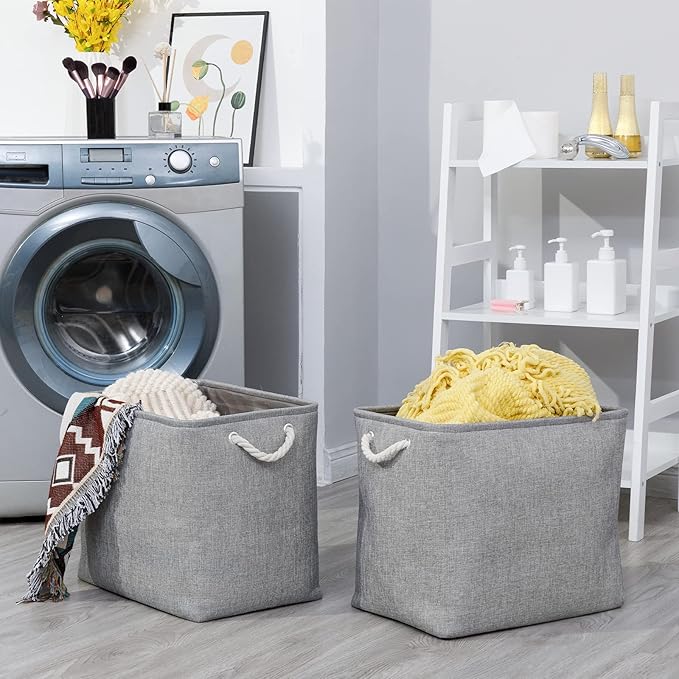 Bidtakay Collapsible Storage Bins for Clothes Large Grey Storage Baskets with Cotton Handles 17x12x15 In Set of 2 Fabric Cubby Storage Bins Livingroom Home Decorative Storage Organizer for Blankets