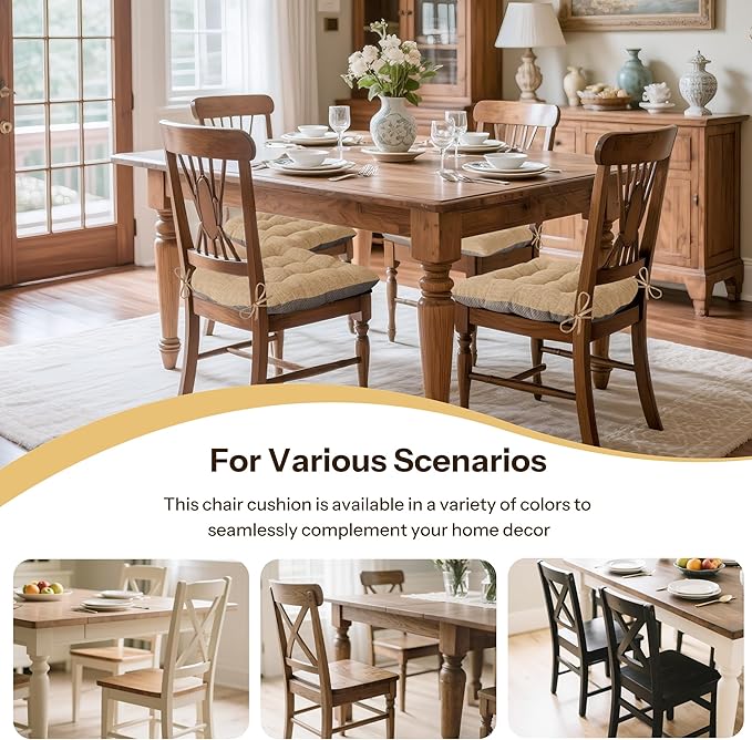 Non Slip Chair Cushions for Dining Chairs Set of 4 Kitchen Chair Cushions 18"x18"x3" Turfted Chair Pads Comfortable and Soft Seat Cushion with Ties, Cappuccino