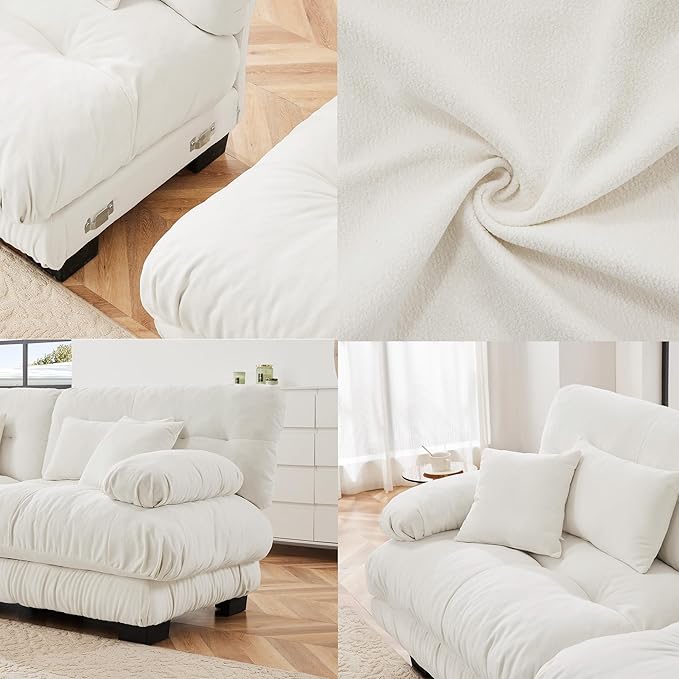 Loveseat Modular Sectional Sofa, Cloud Couch 2 Seater Sectional Couch Home Sofa Living Room Oversized Couch, Modern Deep Seat Couch with Chaise with Round Bolster Armrests 4 Pillows(White)
