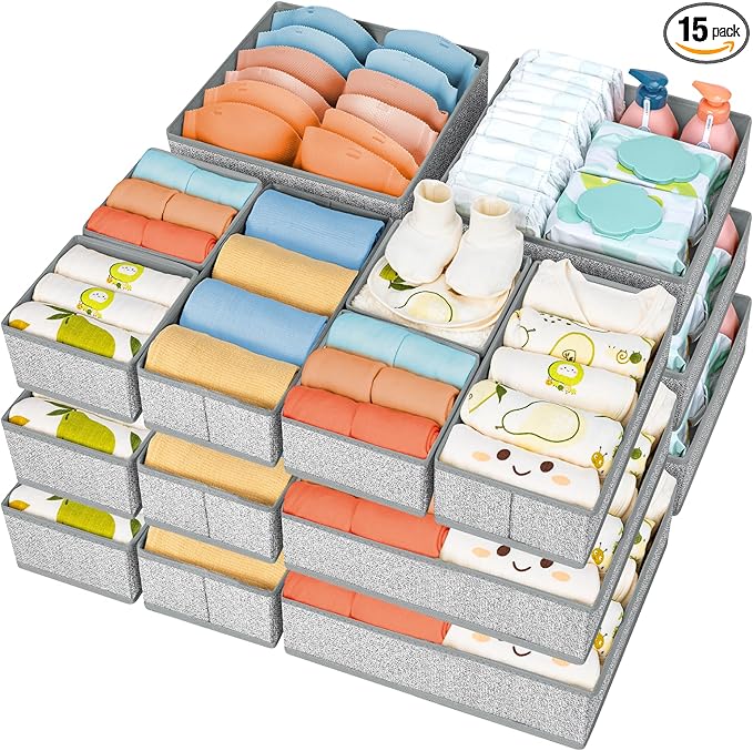 DIMJ Drawer Organizer Clothes 15 Pack - Foldable Baby Organizers and Storage & Dresser Organizer for Bedroom, Closet - Nursery Organization Dresser Dividers for underwear Sock Bra Belt Tie, Gray
