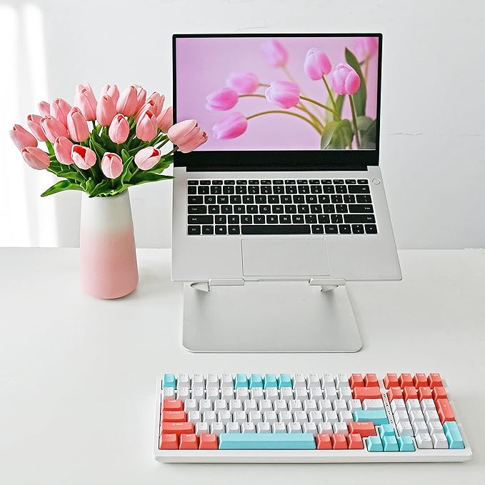 Mandy's Artificial Tulips 28 Stems Light Pink with Gradient Pink Vase PU Faux Flowers for Wedding Home Decor 13.5 Inch