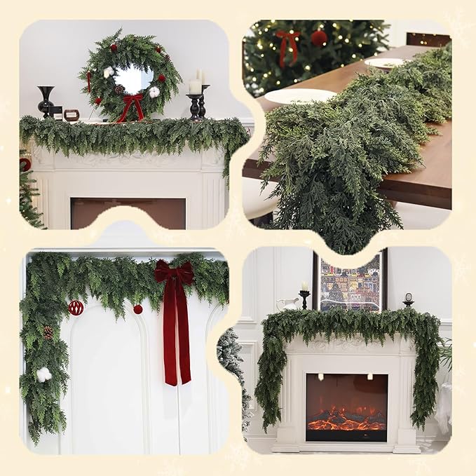 2Pcs 9FT Christmas Cedar Garland Artificial Real Touch Thickness Realistic Greenery Pine Garland for Mantle Fireplace Outdoor Indoor Christmas Decorations