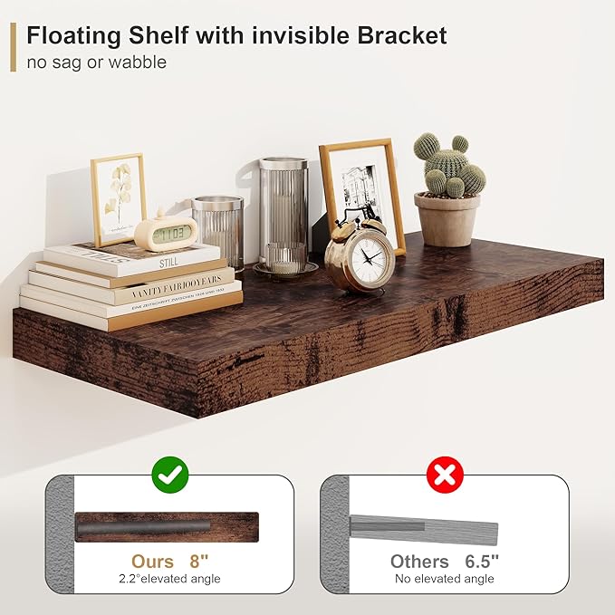 12" Deep Rustic Brown Floating Shelves,Over Toilet Long Wall Mounted Modern Farmhouse 36 inches,Wall Shelves with Invisible Brackets for Bedroom, Bathroom, Living Room, Kitchen, Set of 1