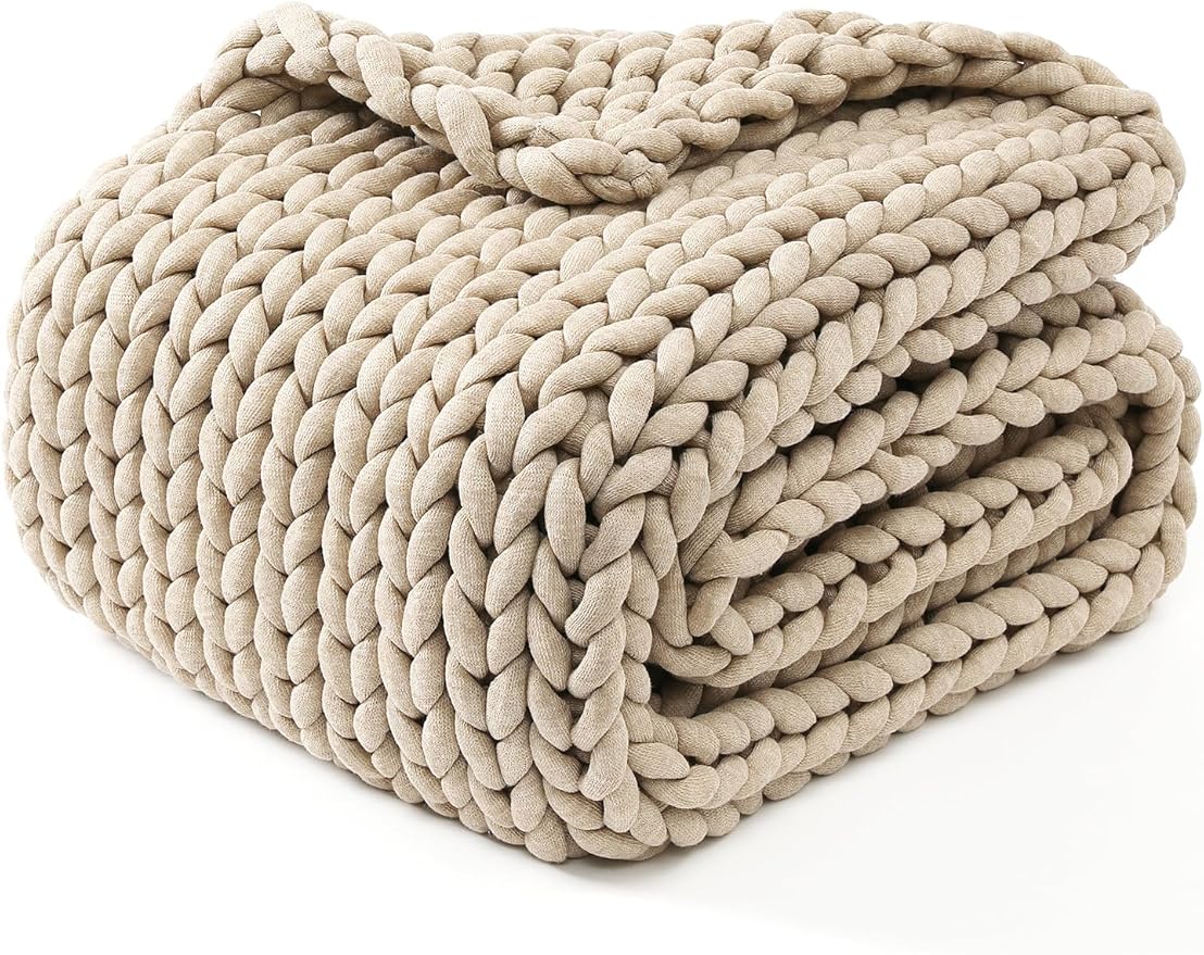 YnM Chunky Throw Blanket, Medium-Weight, Hand Knitted, Skin Friendly, Ventilated and Breathable, Machine Washable, Home Décor Piece for Couch, Sofa and Bed (Beige, 40x50 Inch)