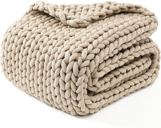 YnM Chunky Throw Blanket, Medium-Weight, Hand Knitted, Skin Friendly, Ventilated and Breathable, Machine Washable, Home Décor Piece for Couch, Sofa and Bed (Beige, 40x50 Inch)