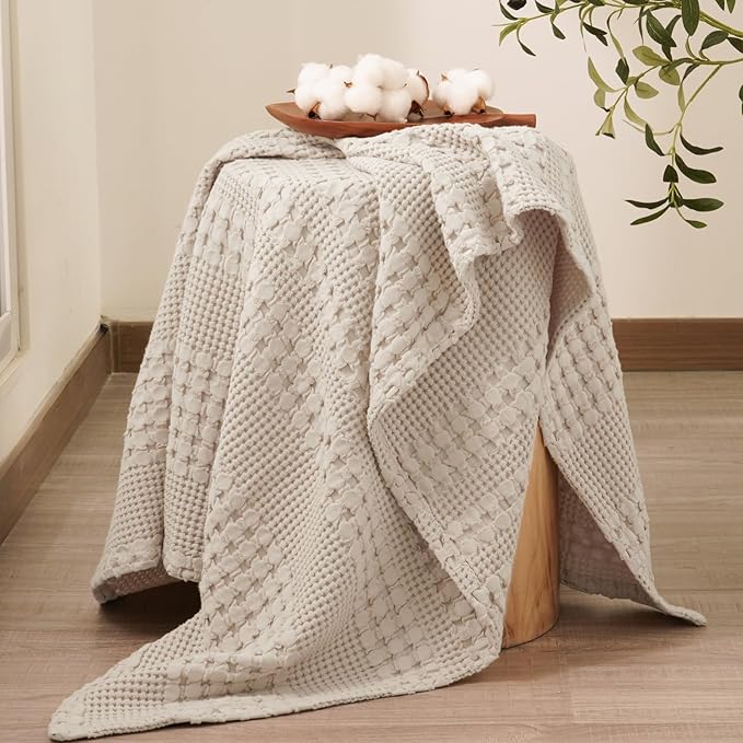 PHF 100% Cotton Waffle Weave Throw Blanket, Soft Lightweight Breathable Cozy Summer Throws for Couch Bed Sofa, Luxury Aesthetic Woven Blanket for Home Decor & Office, 50"x60", Oatmeal