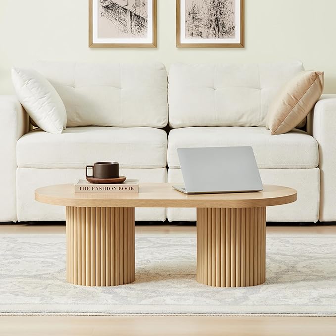 Oval Fluted Coffee Table, Farmhouse Wood Coffee Table Mid Century Modern Center Table Boho Living Room Tables for Living Room Office (Natural, 19.69" D x 39.38" W x 13.78" H)