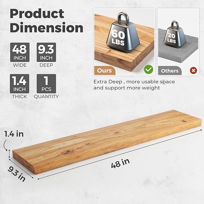 RICHFOCUS Elm Floating Shelves for Wall - 48" W x 9.3" D Rustic Solid Wood Shelves with Invisible Bracket, Wall-Mounted for Living Room, Bedroom, Kitchen Storage & Display, Set of 1, Natural