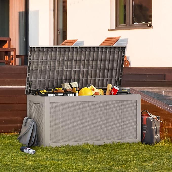 267 Gallon Deck Box Large Outdoor Storage for Patio Furniture,Outdoor Cushions,Garden Tools and Pool Supplies,Waterproof,Resin,Lockable(Grey Rattan)