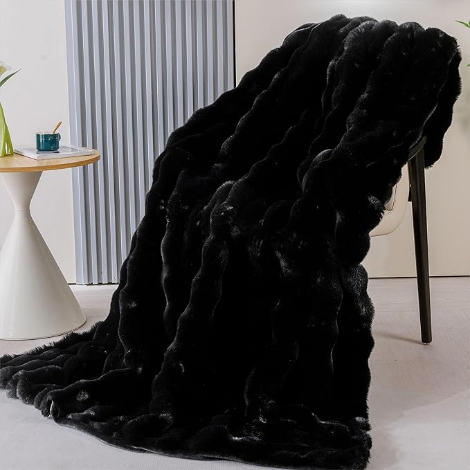 Black Fluffy Thick Fur Throw Blanket 50x60 for Bed Couch Office Chair Bunny Soft Blanket for Adults Gift Home Living Room Decorative Decor 860 GSM