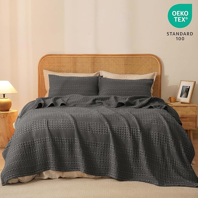 PHF 100% Cotton Waffle Weave Blanket Queen Size, Soft Lightweight Breathable Cozy Summer Blankets for Bed, Luxury Aesthetic Woven Bedding for Home Decor, 90"x90", Charcoal Grey