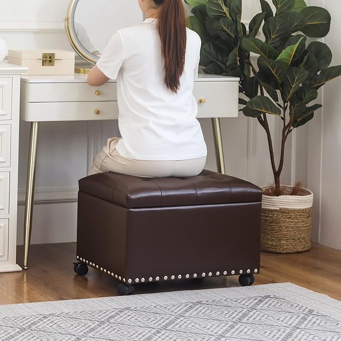 Joveco Leather Storage Ottoman with 360° Wheels 24" Rolling Foot Rest Bench Rectangle Ottomans Stool for Living Room Bedroom (Brown, Wheels)
