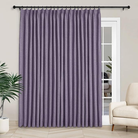 Macochico Extra Wide Full Blackout Linen Curtains for Sliding Door Violet Pinch Pleated Linen Curtains 96 Inches Long for Bedroom Living Room Farmhouse with Tieback 120”Wx96”L 1 Panel