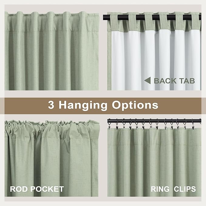 Light Sage Green Linen Textured Blackout Curtains 102 Inch Length 2 Panel Back Tab Sound Draft Cold Sun Blocking Winter Curtains Noise Reducing Retro Moody Drapes Living Room Divider Bedroom 102 Long