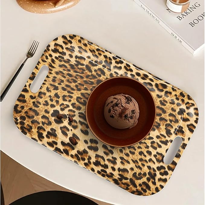 Serving Trays with Handles, 14.5 x 9.8 inch Rectangular Plastic Tray for Restaurant, Kitchen, Brown Leopard