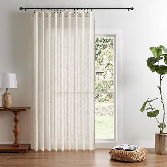 Joydeco Light Filtering Curtains 96 Inch Length for Bedroom, Linen Curtains 96 Inch Length 1 Panel Set for Living Room，White Semi Sheer Drapes 96 Inches Long with Rod Pockets