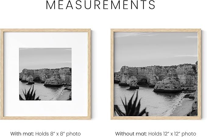 HAUS AND HUES Solid Oak Wood 12”x12” Picture Frames Matted to 8”x8” Set of 4-12x12 Standard Square Picture Frames, 12x12 Photo Gallery Wall Frame Set, 12x12 Frames with Mat (Beige Oak Frames)