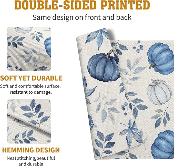 Blue Pumpkin Maple Leaves Fall Placemats Set of 4 Autumn Thanksgiving Harvest Linen Place Mat Non Slip Heat Resistant Washable Table Mats for Party Kitchen Dining Decoration