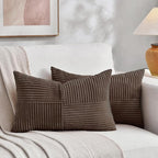 Fancy Homi 2 Packs Dark Brown Long Lumbar Decorative Throw Pillow Covers 16x24 Inch for Couch Bed Sofa, Rustic Farmhouse Boho Home Decor, Soft Striped Corduroy Rectangle Accent Cushion Case 40x60 cm