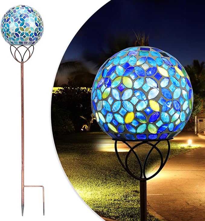 Solar Lights Outdoor Decorative, Solar Gazing Ball Mosaic Garden Stakes Decorative Waterproof Outdoor Lights for Pathway Yard Lawn Decoration (Blue)