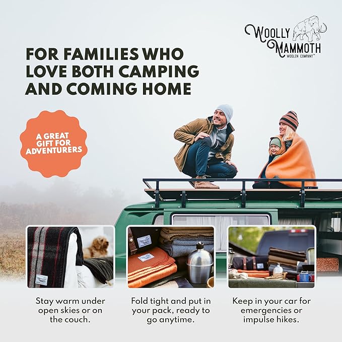 Woolly Mammoth Woolen Company Merino Wool Camping Blanket - 66 × 90 in, Red/White & Blue Plaid - 80% Merino Wool Heavyweight Outdoor Throw Blanket - Insulating for Picnic & Travel