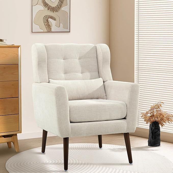 Modern Accent Chair, Upholstered Armchair with Pillow, Fabric Single Sofa Chair with Lounge Seat and Wood Legs Accent Chair for Living Room Bedroom Small Spaces (Beige, Set of 1)