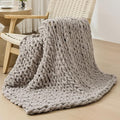 Bigacogo Chunky Knit Throw Blanket for Couch, 40x40 inches, 100% Hand Knitted with Thick Jumbo Chenille Yarn, Cozy Soft Large Rope Knot Cable Crochet Blankets for Sofa Bed Living Room, Taupe