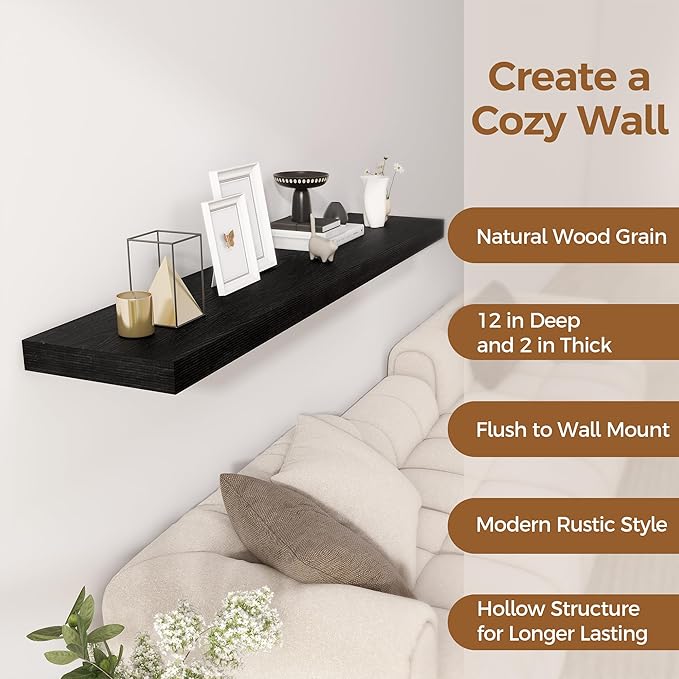 Black Floating Shelves 55 Inch Long, 12 Inch Deep Floating Shelves for Wall, 55 x 9 Large Floating Shelf for Fireplace Mantel, 2" Thicked Wall Shelves for Living Room, Bedroom Storage, 1 Pack